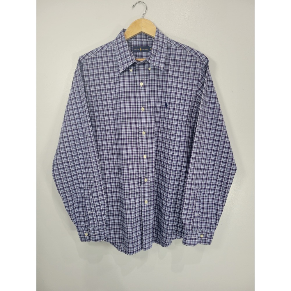 Ralph Lauren Mens XL Purple Blue Plaid Cotton Button Down Long Sleeve Shirt